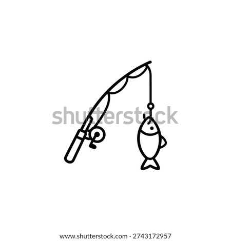 Fishing rod with caught fish minimal black and white holiday vacation line art vector illustration