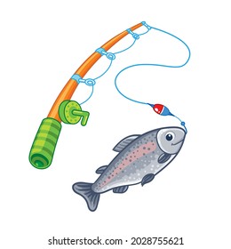 Caña de pescar con ilustración vectorial de peces capturados.
