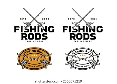 fishing rod crossed minimalist logo design. fishing equipment crossed vector element design. fishhook, trace crossed line art icon illustration logo for fishing sport, fishery, fisherman