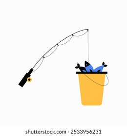 Fishing Rod With Fish In Bucket In Flat Vector Illustration Symbolizing Fishing, Outdoor Recreation, And Catch Of The Day, Isolated On White Background