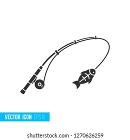 Fishing rod with fish catch icon in flat style, silhouette isolated on white background. Vector illustration.