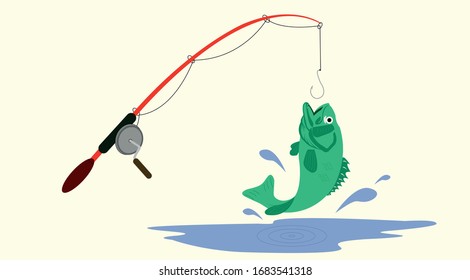 fishing rod with fish catching vector flat design