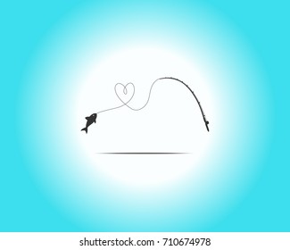 Fishing rod with fish caught and line forming a heart shaped loop