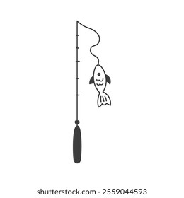 Fishing Rod with Fish Doodle Illustration. Hand drawn vector outdoor leisure activity symbol. Prey hanging on hook.