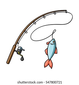 Fishing rod and fish icon in cartoon style isolated on white background. Fishing symbol stock vector illustration.