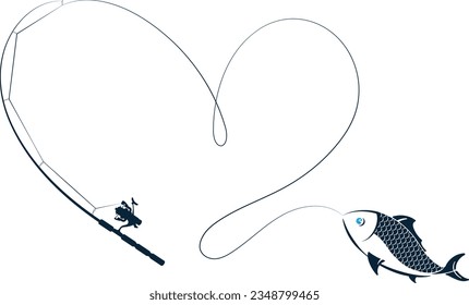 Fishing rod and fish. Fishing line heart design