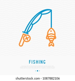 Fishing rod with fish on hook thin line icon. Modern vector illustration.