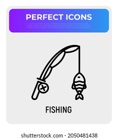 Barra de pesca con peces en el icono de línea delgada de gancho. Ilustración vectorial moderna.