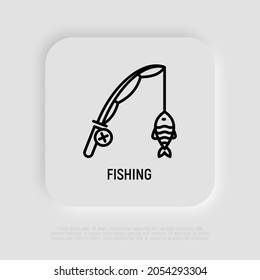 Barra de pesca con peces en el icono de línea delgada de gancho. Ilustración vectorial moderna.