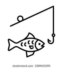 Fishing rod with fish vector icon for sport and hobby. Editable stroke.