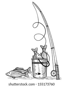 Fishing rod and fishes.Vector black drawing illustration on white