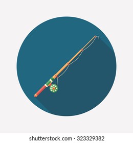 Fishing rod flat round icon with long shadows.