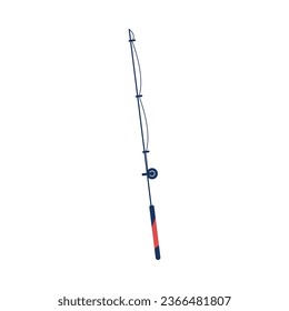 Fishing rod, flat vector illustration isolated on white background. Equipment for fishing or angling. Tool for hobby or recreation. Fishing rod with hook and spinning reel.