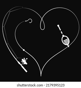 Fishing rod with float and hook. Fishing rod and fishing line in the form of a heart. Love for fishing symbol