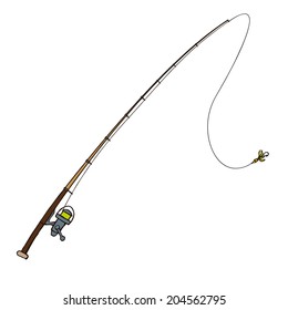 Fishing rod with fly bait. Vector illustration. Isolated on white
