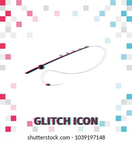 Fishing rod  glitch effect vector icon. Spinning illustration.