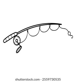 Fishing rod hand drawn doodle. Spinning tool. Fishing line with hook. Cane with reel. Vector line art illustration.