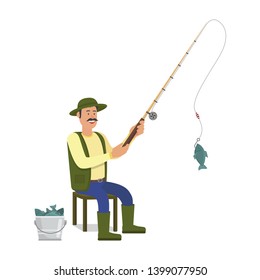 Fishing Rod in Hand. Fish in Bucket. Catch Fish. Fish on Hook. Hobby Fishing. Fisherman Clothes. White Background. Vector Illustration. Fisherman with Fishing Rod on White Background.