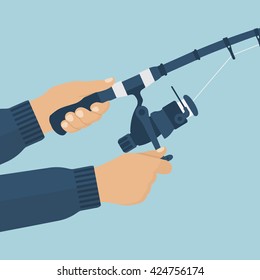 Fishing rod holding in the hands of men fisherman. Vector illustration of a flat design. Fishing rod closeup.