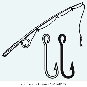 Fishing Rod And Fishing Hook. Isolated On Blue Background