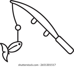 Fishing Rod With Hook And Line Black Vector Icon, Angler Equipment, Editable Line Style, Outdoor Tackle Concept, Simple Design