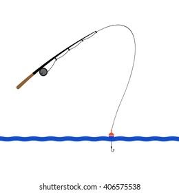 fishing rod with a hook on the waves of the sea