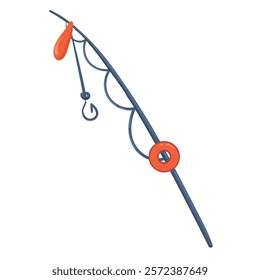 Fishing rod with a hook. Striped vector illustration isolated on transparent background. Fishing equipment. Hobby, summer activity.