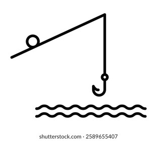 Fishing rod with hook vector icon for fishing activity. Editable stroke.