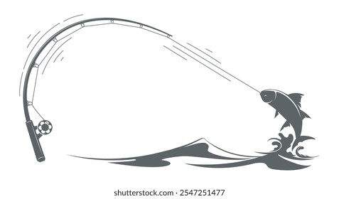 Fishing rod and hooked fish. Fishing monochrome emblem vector illustration