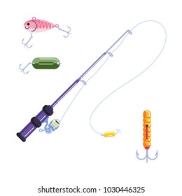 Fishing rod and hooks for fishing. Tackles and tools. Vector drawing.