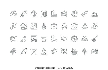 Vara de pesca e anzóis, perneiras e cadeira dobrável, rede fina preto e vermelho símbolos esboço ilustração vetor Pesca para hobby e recreação, equipamento do pescador para capturar peixes, conjunto de ícone de linha de acampamento.