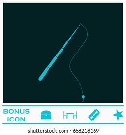 Fishing rod icon flat. Blue pictogram on dark background. Vector illustration symbol and bonus icons