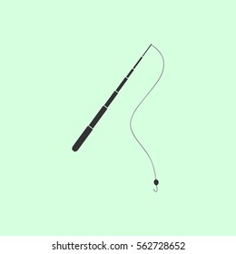 Fishing rod icon flat. Grey vector symbol on green background