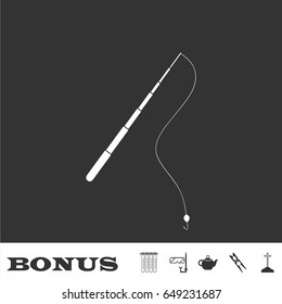 Fishing rod icon flat. White pictogram on black background. Vector illustration symbol and bonus icons