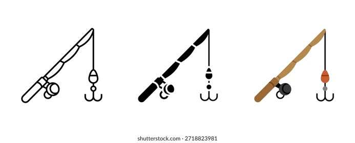 Icono de la caña de pescar. Caña de pescar con el símbolo del anzuelo y del cebo para pescar, el equipo de pesca, y los conceptos del deporte al aire libre. Ilustración de aparejos de pesca utilizados para pasatiempos, artes de pesca y proyectos relacionados con la naturaleza