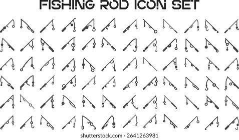 Fishing Rod Icon Set.eps, Fishing rod Flat Style Icon Design, Sunrise Over Lake Icons. Isometric Flat icon set of Sunrise over lake: calm water, reflection ripple, fishing rod, dock post,
