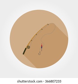 Fishing rod. Icon for web and mobile application. Vector illustration of a button with a long shadow. Flat design style.