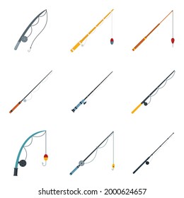 Fijación de iconos de la barra de pescar. Conjunto plano de iconos vectores de vara de pesca aislados en fondo blanco