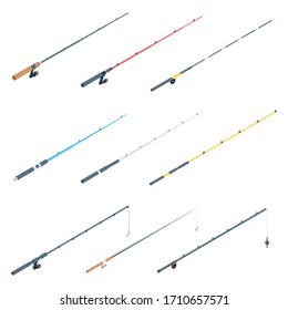 Fishing rod icons set. Isometric set of fishing rod vector icons for web design isolated on white background
