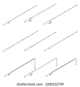 Fishing rod icons set. Isometric set of fishing rod vector icons outline thin lne isolated on white