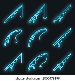 Fishing rod icons set. Outline set of fishing rod vector icons neon color on black