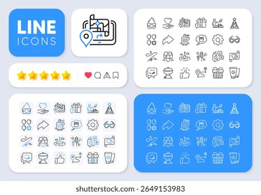 Fishing rod, Journey and Balloon dart line icons for web app. Message, Share, Like social media icons. Pack of Ice cream, Fishing float, Wedding glasses pictogram icons. Vector