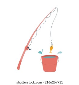 Fishing rod with fishing line and fish on a hook. Equipment for fishing. Bucket with water. Hobbies, summer activity, food extraction. Flat vector illustration isolated on a white background