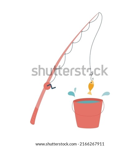 Fishing rod with fishing line and fish on a hook. Equipment for fishing. Bucket with water. Hobbies, summer activity, food extraction. Flat vector illustration isolated on a white background Foto stock © 