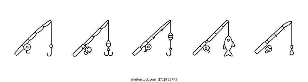 Symbol für Angelrutenlinie. Angelruten-Symbolsammlung mit Umrissen. Angelausrüstung.