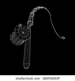 Fishing rod with line sinker and hook. Wireframe low poly mesh vector illustration.