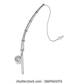 Fishing rod with line sinker and hook. Wireframe low poly mesh vector illustration.