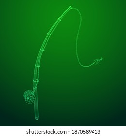 Fishing rod with line sinker and hook. Wireframe low poly mesh vector illustration.