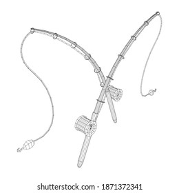 Fishing rod with line sinker and hook. Wireframe low poly mesh vector illustration.