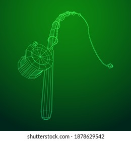 Fishing rod with line sinker and hook. Wireframe low poly mesh vector illustration.